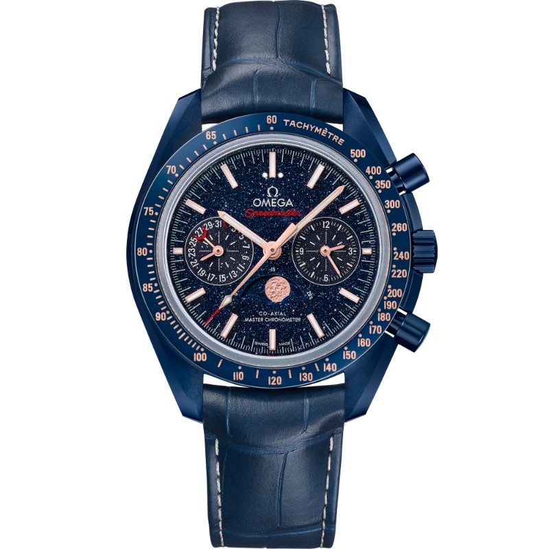 44.25 mm, Blue Ceramic On Leather Strap