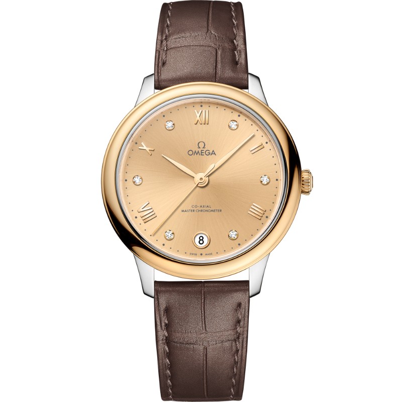 34 mm, Steel - Yellow Gold On Leather Strap