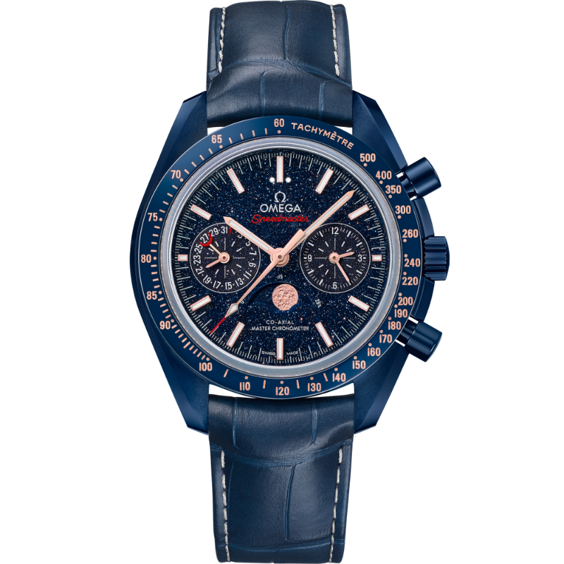 44.25 mm, Blue Ceramic On Leather Strap