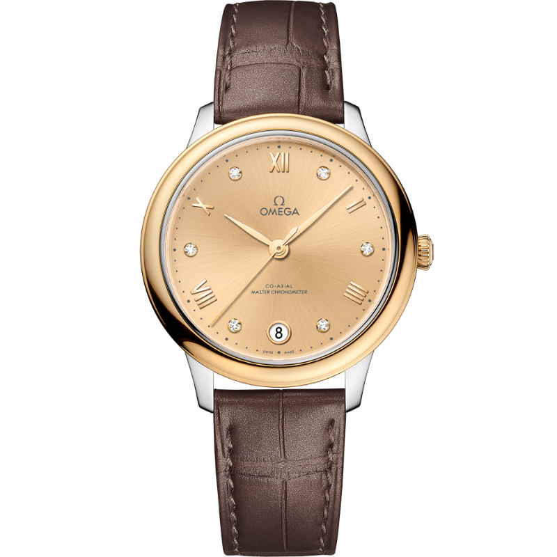 34 mm, Steel - Yellow Gold On Leather Strap
